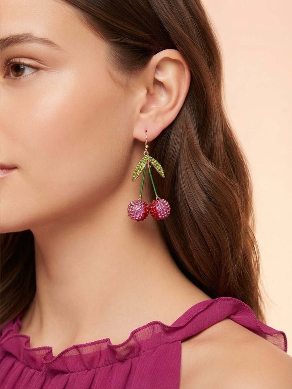 Gold-Tone Pink Crystal Cherry Drop Earrings